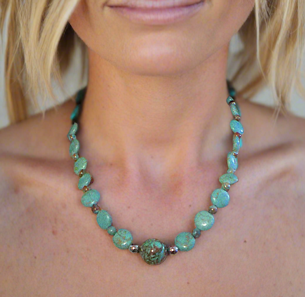 Lovely Crazy Lace Agate & Magnesite, Turquoise, Brown, Semi-precious, Beaded Necklace handcrafted by Artistry Jewelry