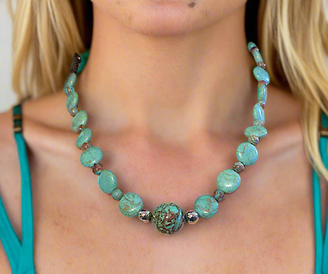 Lovely Crazy Lace Agate & Magnesite, Turquoise, Brown, Semi-precious, Beaded Necklace handcrafted by Artistry Jewelry