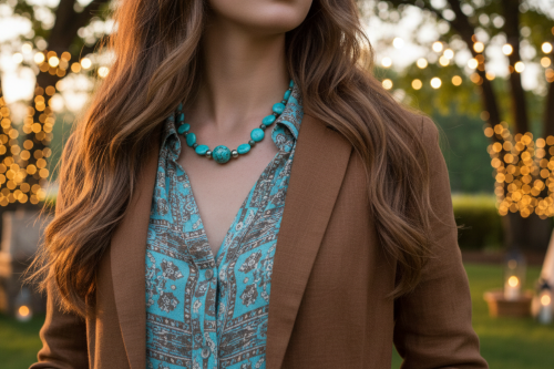 Lovely Crazy Lace Agate & Magnesite, Turquoise, Brown, Semi-precious, Beaded Necklace handcrafted by Artistry Jewelry