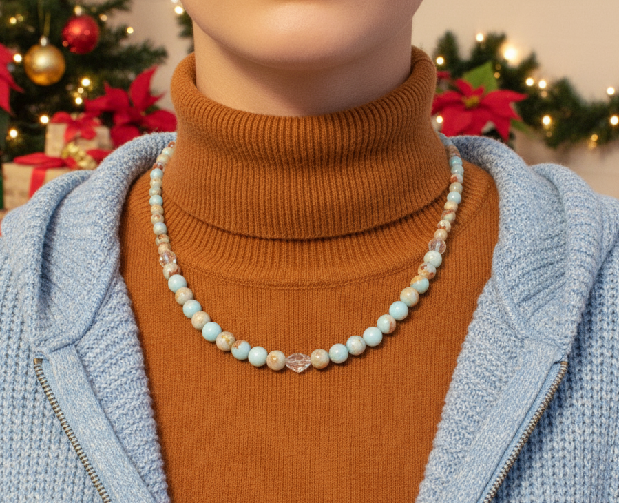 Brilliant Sky Blue Jasper, Crystals, and Onyx Beaded Necklace-handcrafted by Artistry Jewelry