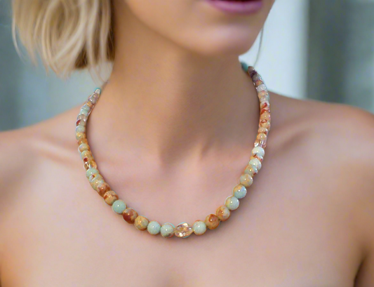 Brilliant Sky Blue Jasper, Crystals, and Onyx Beaded Necklace-handcrafted by Artistry Jewelry