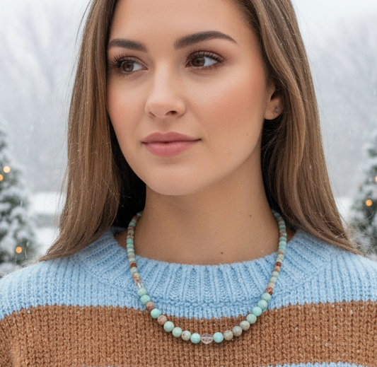 Brilliant Sky Blue Jasper, Crystals, and Onyx Beaded Necklace-handcrafted by Artistry Jewelry