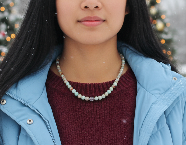 Brilliant Sky Blue Jasper, Crystals, and Onyx Beaded Necklace-handcrafted by Artistry Jewelry