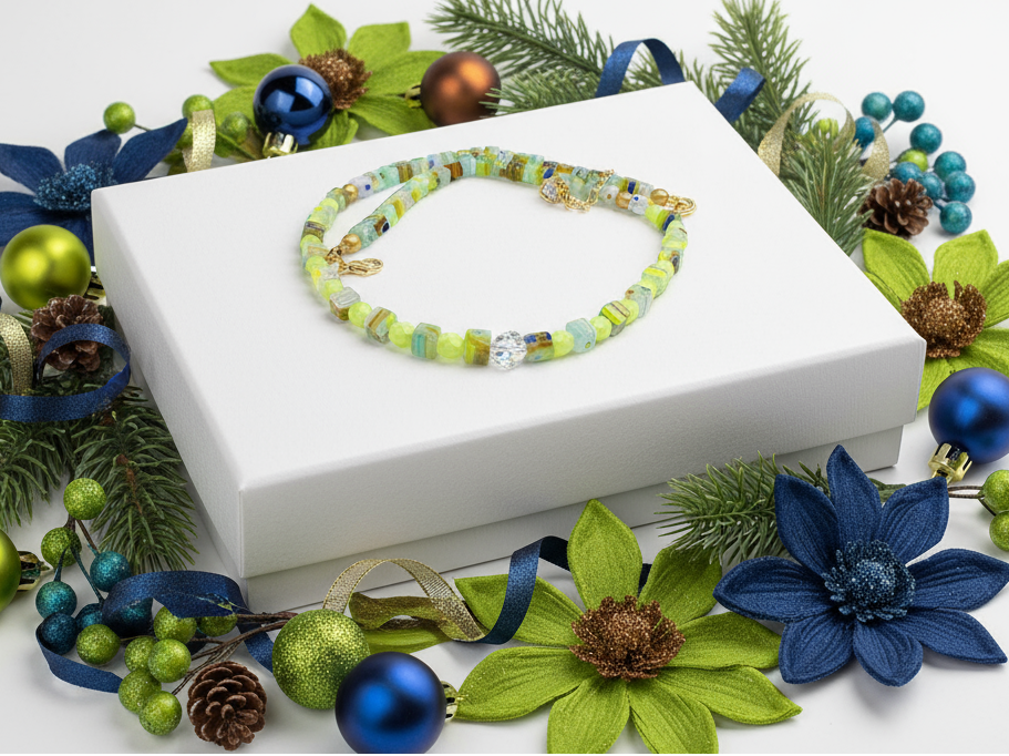 Charming Green and Gold Beaded Necklace by Artistry Jewelry