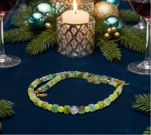 Charming Green and Gold Beaded Necklace by Artistry Jewelry