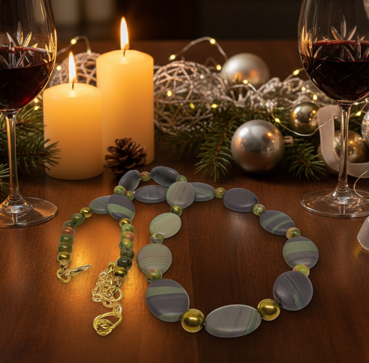 Alluring Mocha & Mint Jasper, Unakite and Hematite Beaded Necklace by Artistry Jewelry