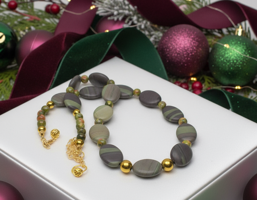 Alluring Mocha & Mint Jasper, Unakite and Hematite Beaded Necklace by Artistry Jewelry