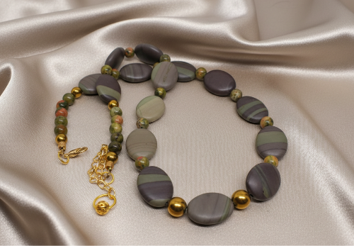Alluring Mocha & Mint Jasper, Unakite and Hematite Beaded Necklace by Artistry Jewelry