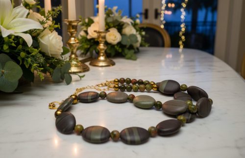 Alluring Mocha & Mint Jasper, Unakite and Hematite Beaded Necklace by Artistry Jewelry