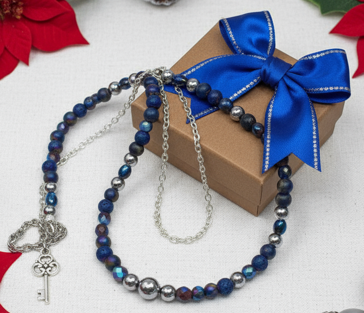 Radiant Blue Natural Lava and Hematite Beaded Two-Strand Necklace