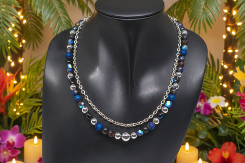Radiant Blue Natural Lava and Hematite Beaded Two-Strand Necklace