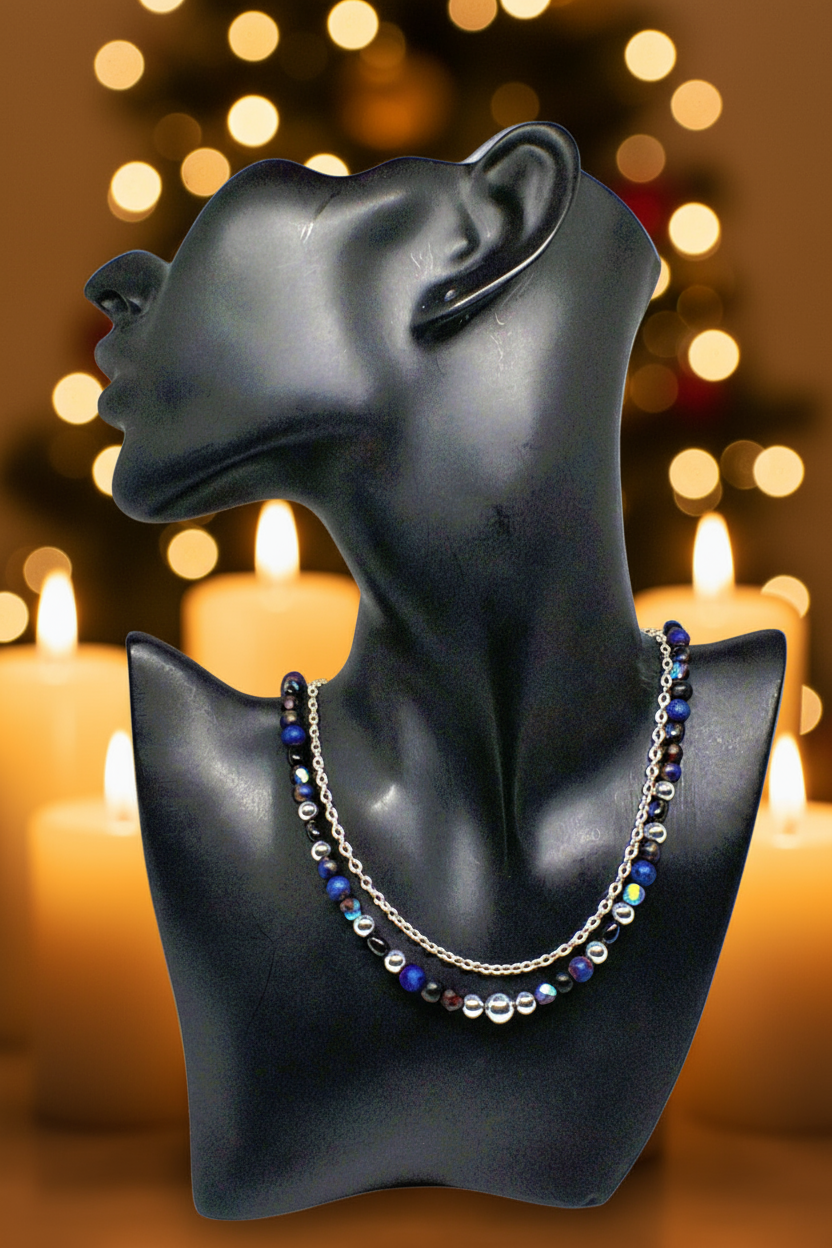 Radiant Blue Natural Lava and Hematite Beaded Two-Strand Necklace