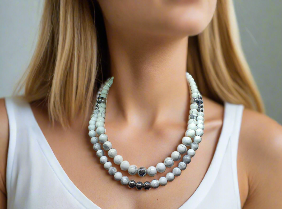 Beautiful Howlite, Hematite, Agate, and Labrador Two-Strand Necklace