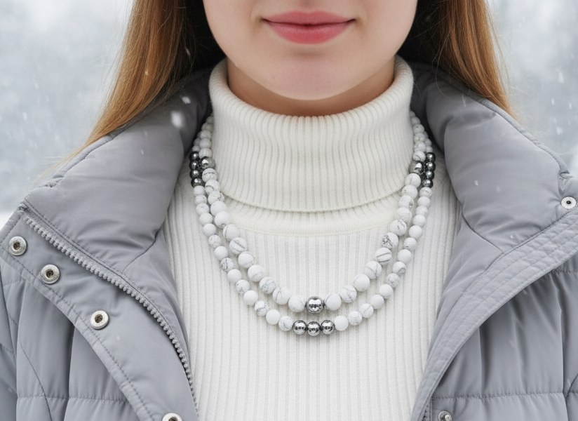 Beautiful Howlite, Hematite, Agate, and Labrador Two-Strand Necklace