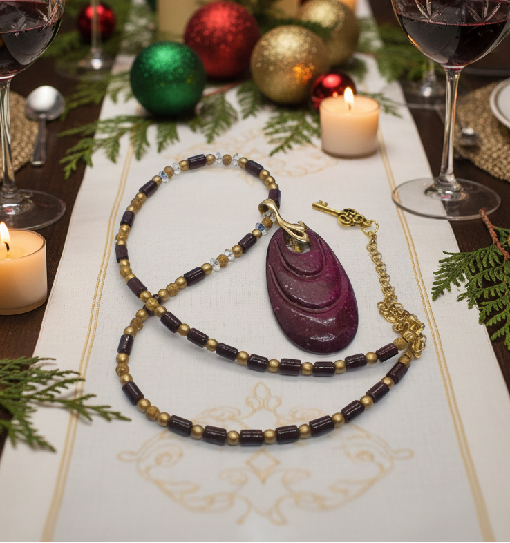 Enchanting Dark Burgundy, Fossil, Crystal, Chain, and Bead, One-of-a-Kind Necklace - handcrafted by Artistry Jewelry