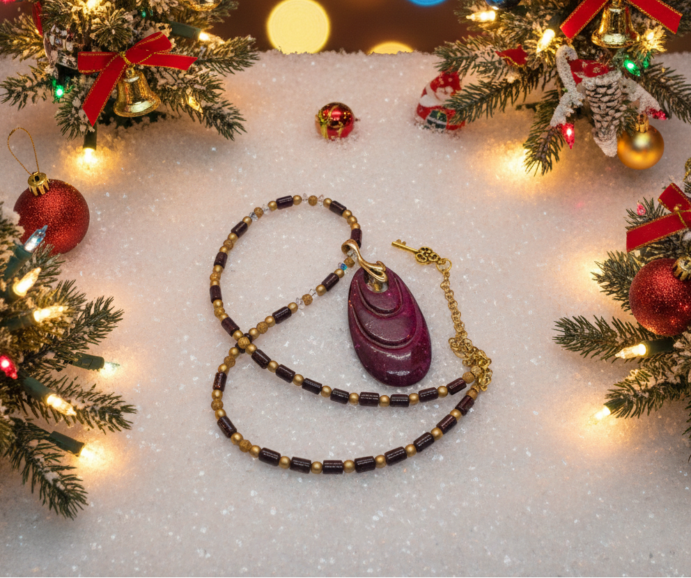 Enchanting Dark Burgundy, Fossil, Crystal, Chain, and Bead, One-of-a-Kind Necklace - handcrafted by Artistry Jewelry
