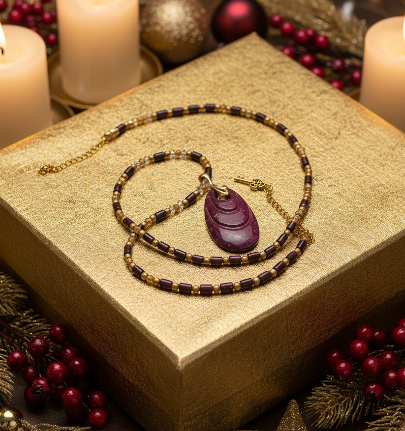 Enchanting Dark Burgundy, Fossil, Crystal, Chain, and Bead, One-of-a-Kind Necklace - handcrafted by Artistry Jewelry