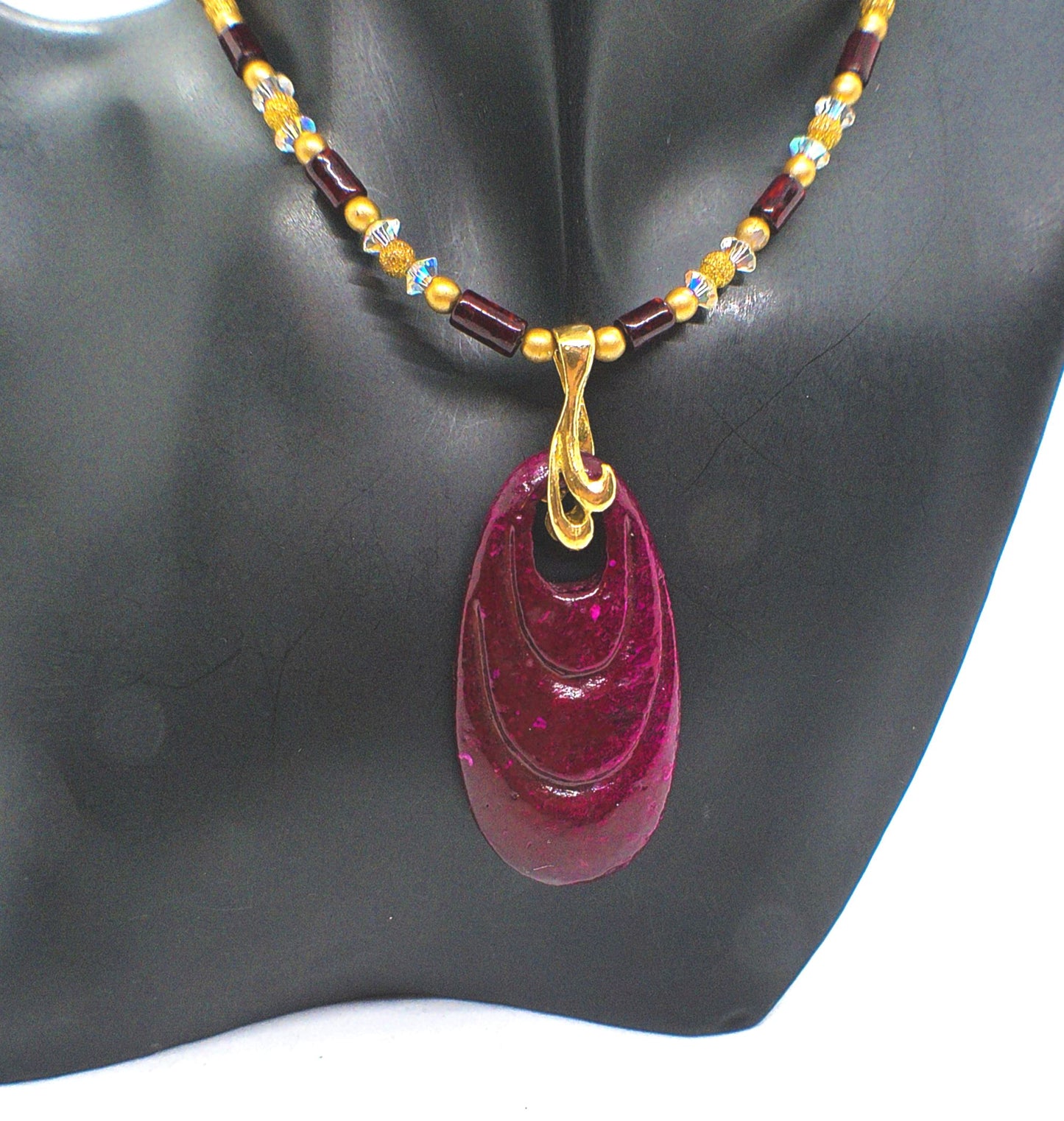 Enchanting Dark Burgundy, Fossil, Crystal, Chain, and Bead, One-of-a-Kind Necklace - handcrafted by Artistry Jewelry