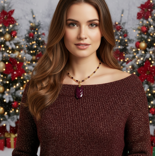 Enchanting Dark Burgundy, Fossil, Crystal, Chain, and Bead, One-of-a-Kind Necklace - handcrafted by Artistry Jewelry