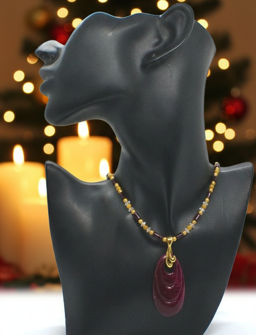Enchanting Dark Burgundy, Fossil, Crystal, Chain, and Bead, One-of-a-Kind Necklace - handcrafted by Artistry Jewelry