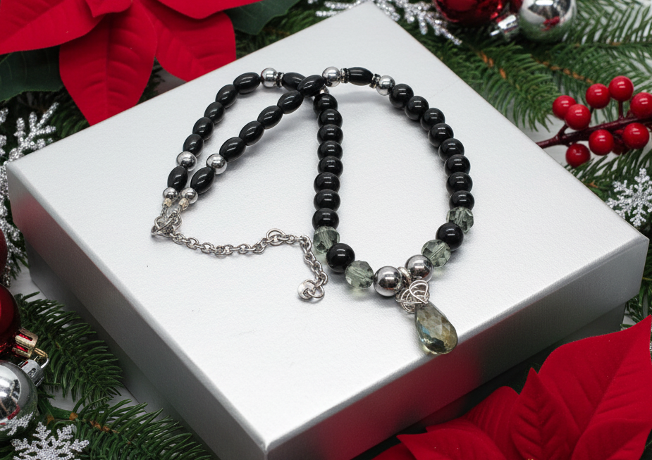 Gorgeous Black Diamond Crystals, Cubic Zirconia, and Black Pearl Beads, One-of-a-Kind Beaded Necklace - handcrafted by Artistry Jewelry