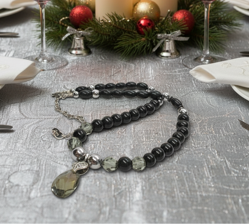 Gorgeous Black Diamond Crystals, Cubic Zirconia, and Black Pearl Beads, One-of-a-Kind Beaded Necklace - handcrafted by Artistry Jewelry