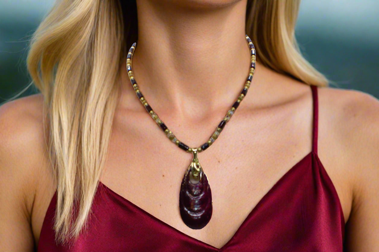 Enchanting Dark Burgundy, Fossil, Crystal, Chain, and Bead, One-of-a-Kind Necklace - handcrafted by Artistry Jewelry
