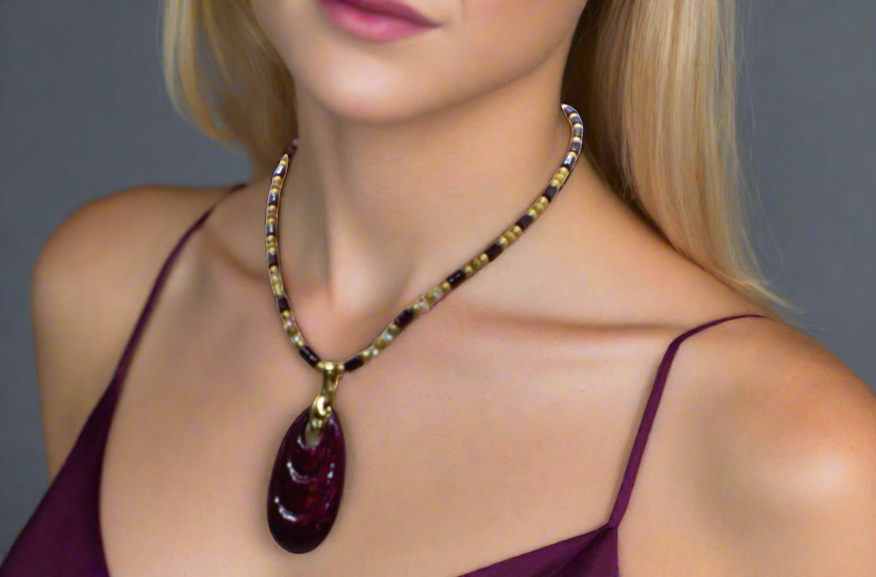 Enchanting Dark Burgundy, Fossil, Crystal, Chain, and Bead, One-of-a-Kind Necklace - handcrafted by Artistry Jewelry