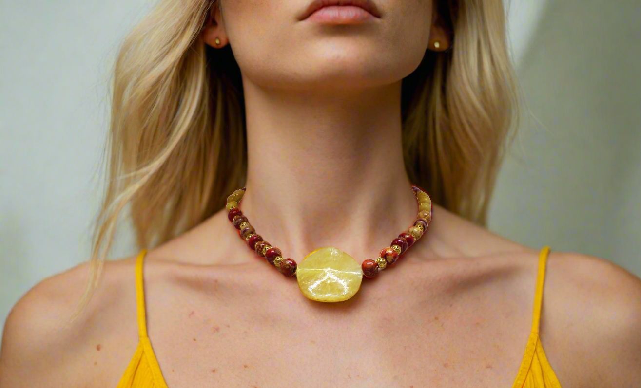 Dazzling Oranges, Tans, and Yellow Mixed Pattered Wood Beads in This Tropical Show Necklace, One-of-a-Kind-handcrafted by Artistry Jewelry