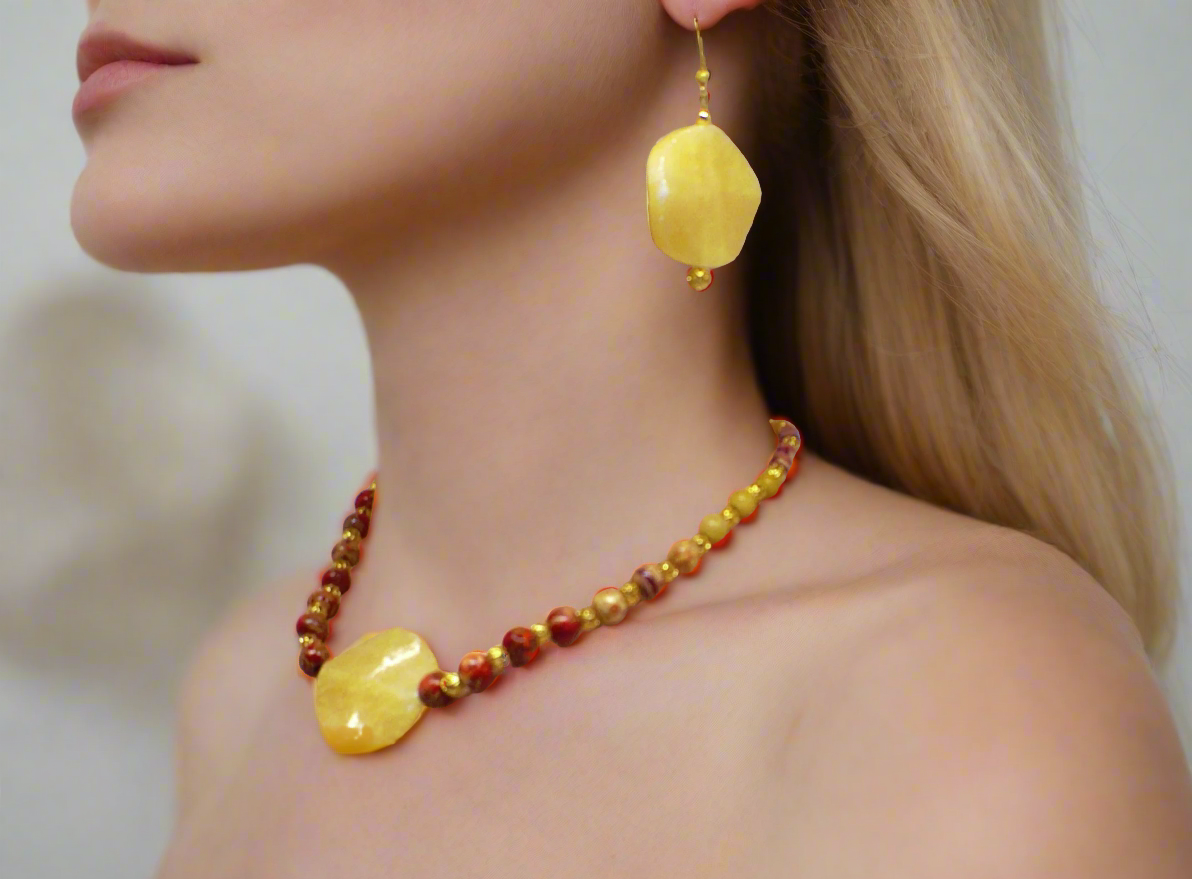 Dazzling Oranges, Tans, and Yellow Mixed Pattered Wood Beads in This Tropical Show Necklace, One-of-a-Kind-handcrafted by Artistry Jewelry