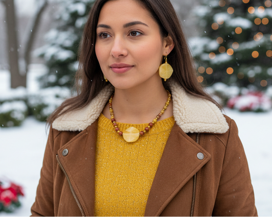 Dazzling Oranges, Tans, and Yellow Mixed Pattered Wood Beads in This Tropical Show Necklace, One-of-a-Kind-handcrafted by Artistry Jewelry