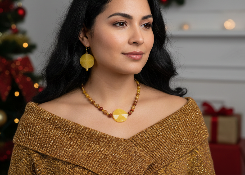 Dazzling Oranges, Tans, and Yellow Mixed Pattered Wood Beads in This Tropical Show Necklace, One-of-a-Kind-handcrafted by Artistry Jewelry
