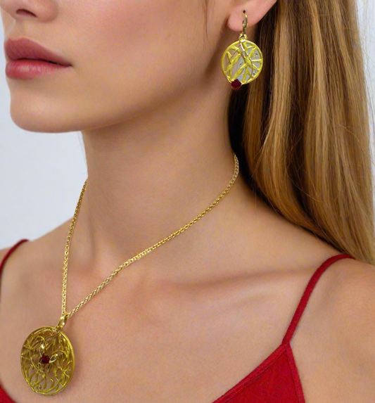 Beautiful Siam Crystal with an Elegant Gold Filigree Pendant, One-of-a-Kind Necklace Set- handcrafted by Artistry Jewelry