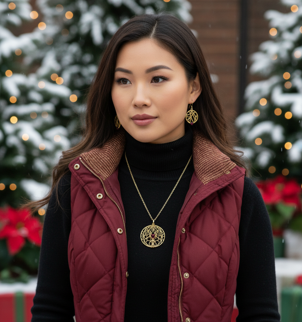Beautiful Siam Crystal with an Elegant Gold Filigree Pendant, One-of-a-Kind Necklace Set- handcrafted by Artistry Jewelry