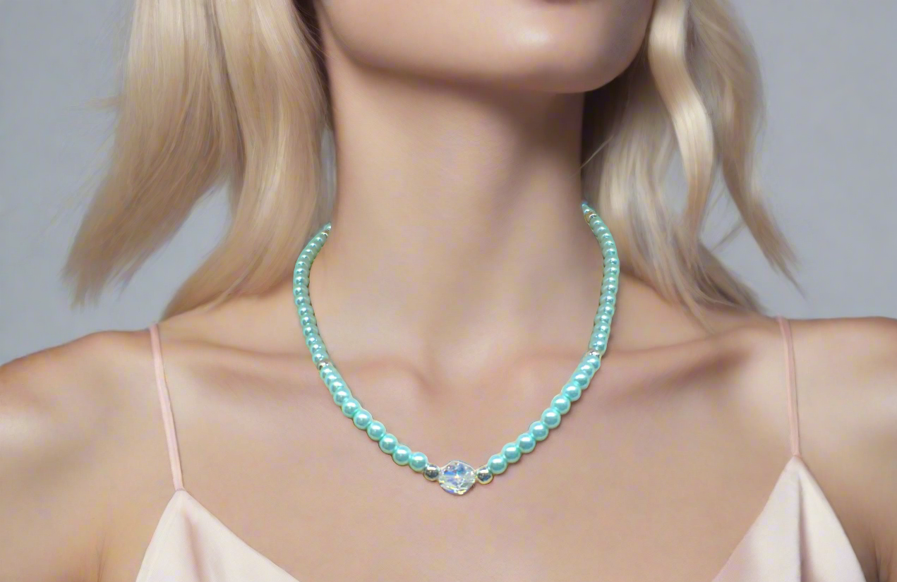 Beautiful Aqua, Semi-precious Necklace with a Cosmic Crystal, and Hematite-B-handcrafted by Artistry Jewelry