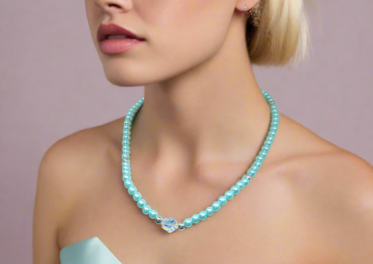 Beautiful Aqua, Semi-precious Necklace with a Cosmic Crystal, and Hematite-B-handcrafted by Artistry Jewelry