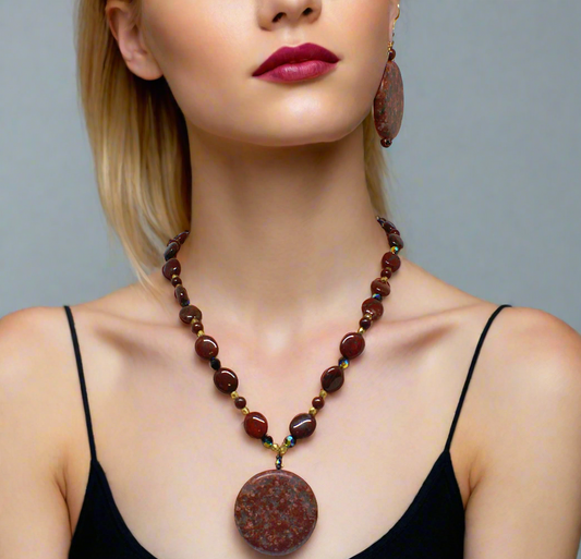 Lovely Jet Bicone Crystals, Red Feldspar, and Cubic Zirconia, One-of-a-Kind, Beaded Necklace Set-handcrafted by Artistry Jewelry