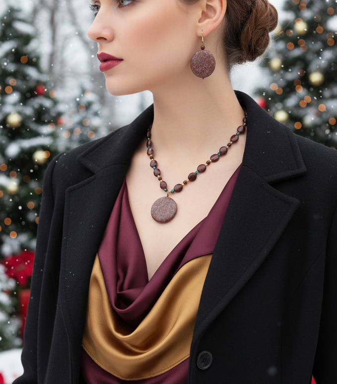 Lovely Jet Bicone Crystals, Red Feldspar, and Cubic Zirconia, One-of-a-Kind, Beaded Necklace Set-handcrafted by Artistry Jewelry