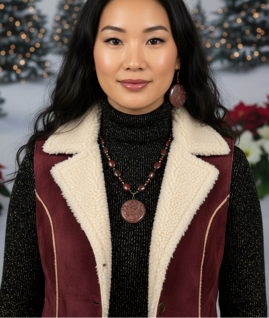 Lovely Jet Bicone Crystals, Red Feldspar, and Cubic Zirconia, One-of-a-Kind, Beaded Necklace Set-handcrafted by Artistry Jewelry
