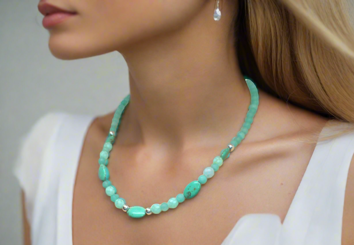 Beautiful Aqua, Semi-precious Necklace with Magnesite, and Hematite-A-handcrafted by Artistry Jewelry