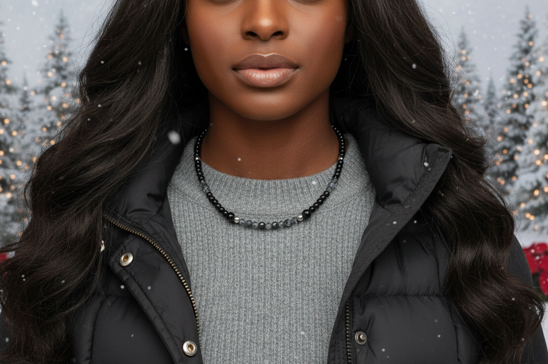 Fabulous Black & Gray Labrador, Black  Onyx and Black Diamond Crystals,_A Beaded Necklace