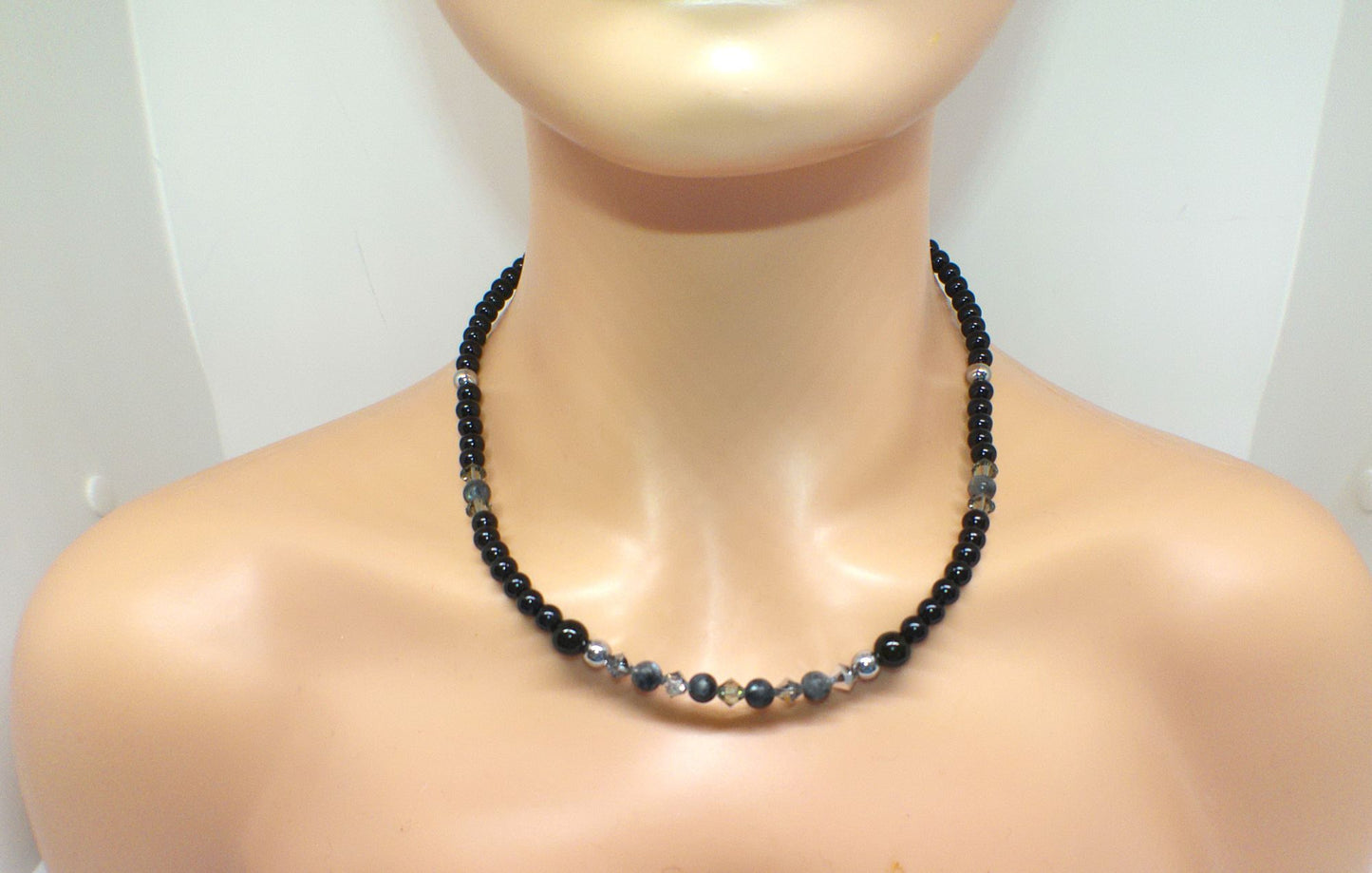 Fabulous Black & Gray Labrador, Black  Onyx and Black Diamond Crystals,_A Beaded Necklace