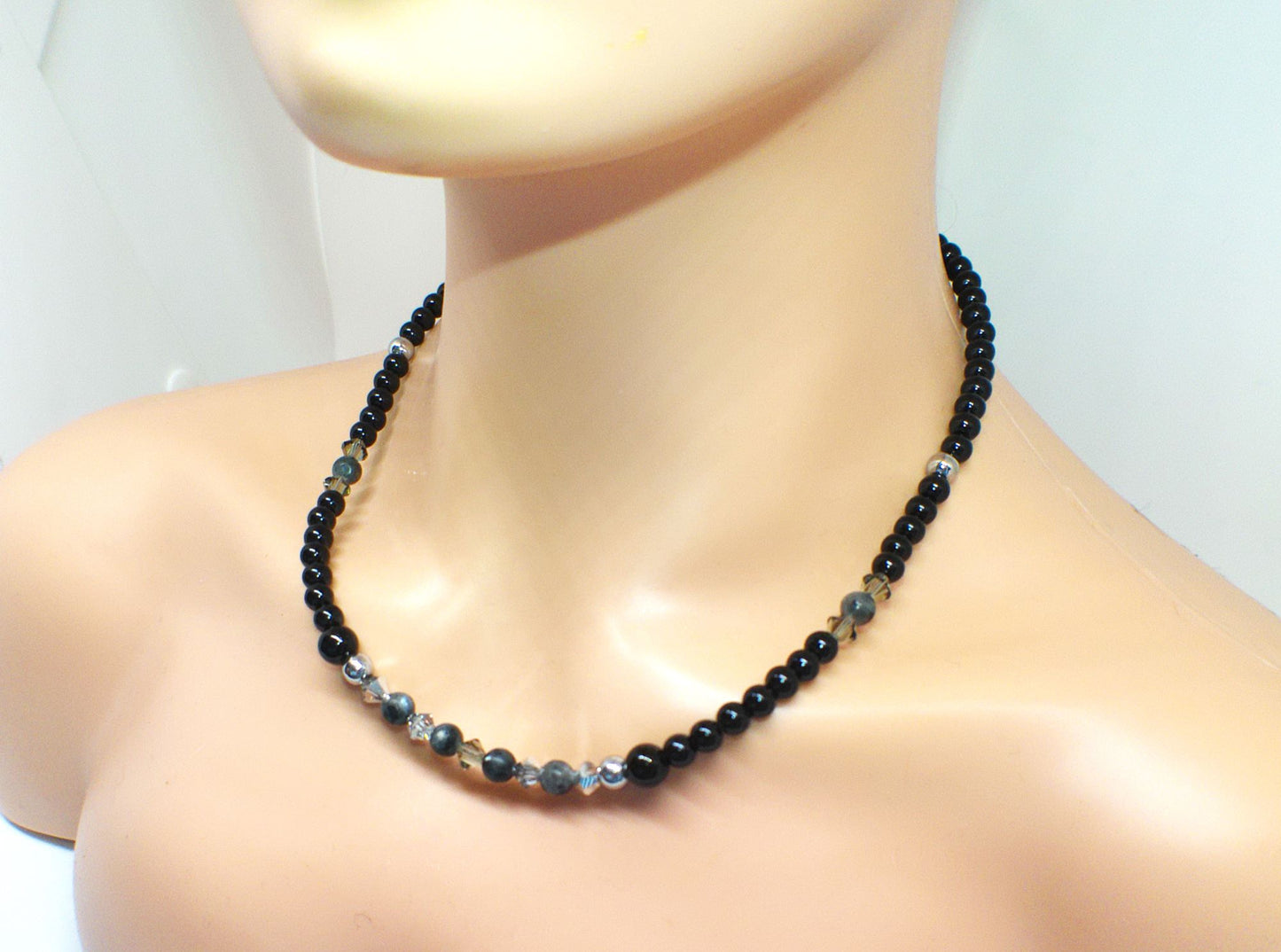 Fabulous Black & Gray Labrador, Black  Onyx and Black Diamond Crystals,_A Beaded Necklace