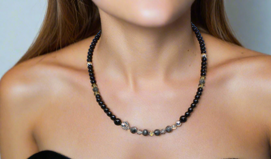 Fabulous Black & Gray Labrador, Black  Onyx and Black Diamond Crystals, Semi-precious, One-of-a-Kind Beaded Necklace A-handcrafted by Artistry Jewelry