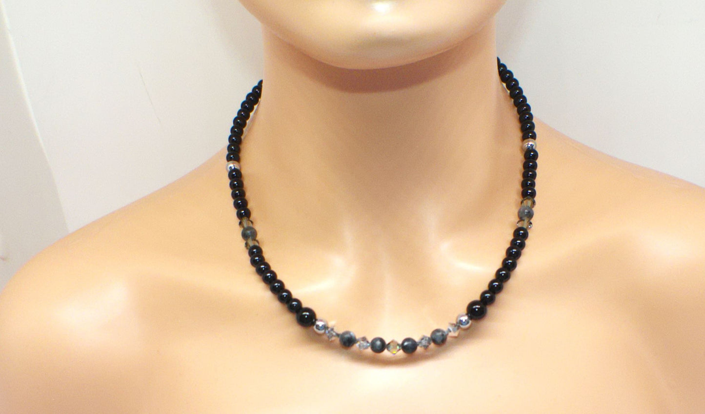 Fabulous Black & Gray Labrador, Black  Onyx and Black Diamond Crystals,_A Beaded Necklace