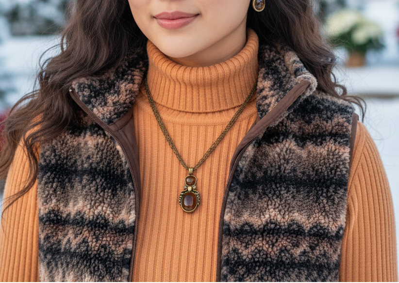 Marvelous Antique Brown and Orange Pendant, Steel Chain Necklace Set, One-of-a-Kind-by Artistry Jewelry