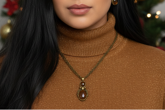 Marvelous Antique Brown and Orange Pendant, Steel Chain Necklace Set, One-of-a-Kind-by Artistry Jewelry