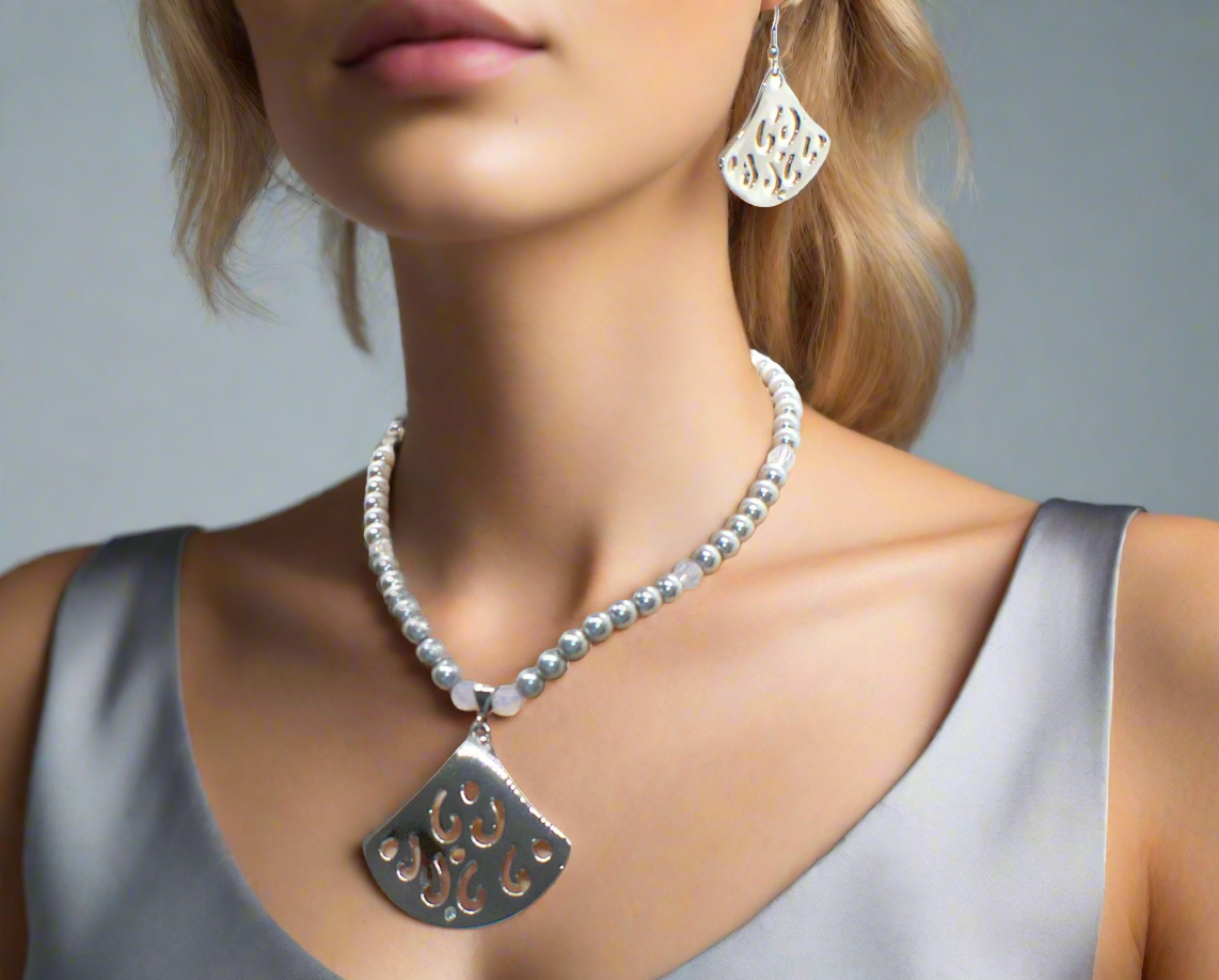Beautiful Air Blue Opal Crystals, Silver Pendant, and Rhinestones, One-of-a-Kind, Beaded Necklace Set-crafted by Artistry Jewelry