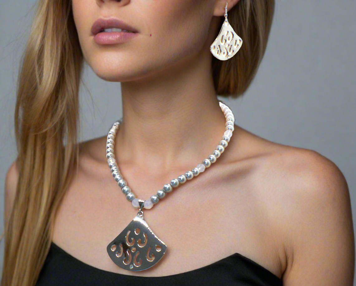Beautiful Air Blue Opal Crystals, Silver Pendant, and Rhinestones, One-of-a-Kind, Beaded Necklace Set-crafted by Artistry Jewelry