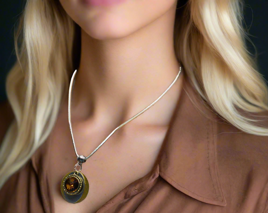 Smokey Topaz Rivoli Pendant, and Silver Snake Chain Necklace- by Artistry Jewelry